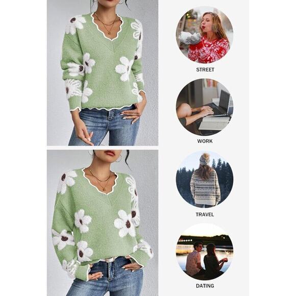 Women's Oversized V Neck Fuzzy Sweaters Light Green Loose Long Sleeve Top - Picture 5 of 9